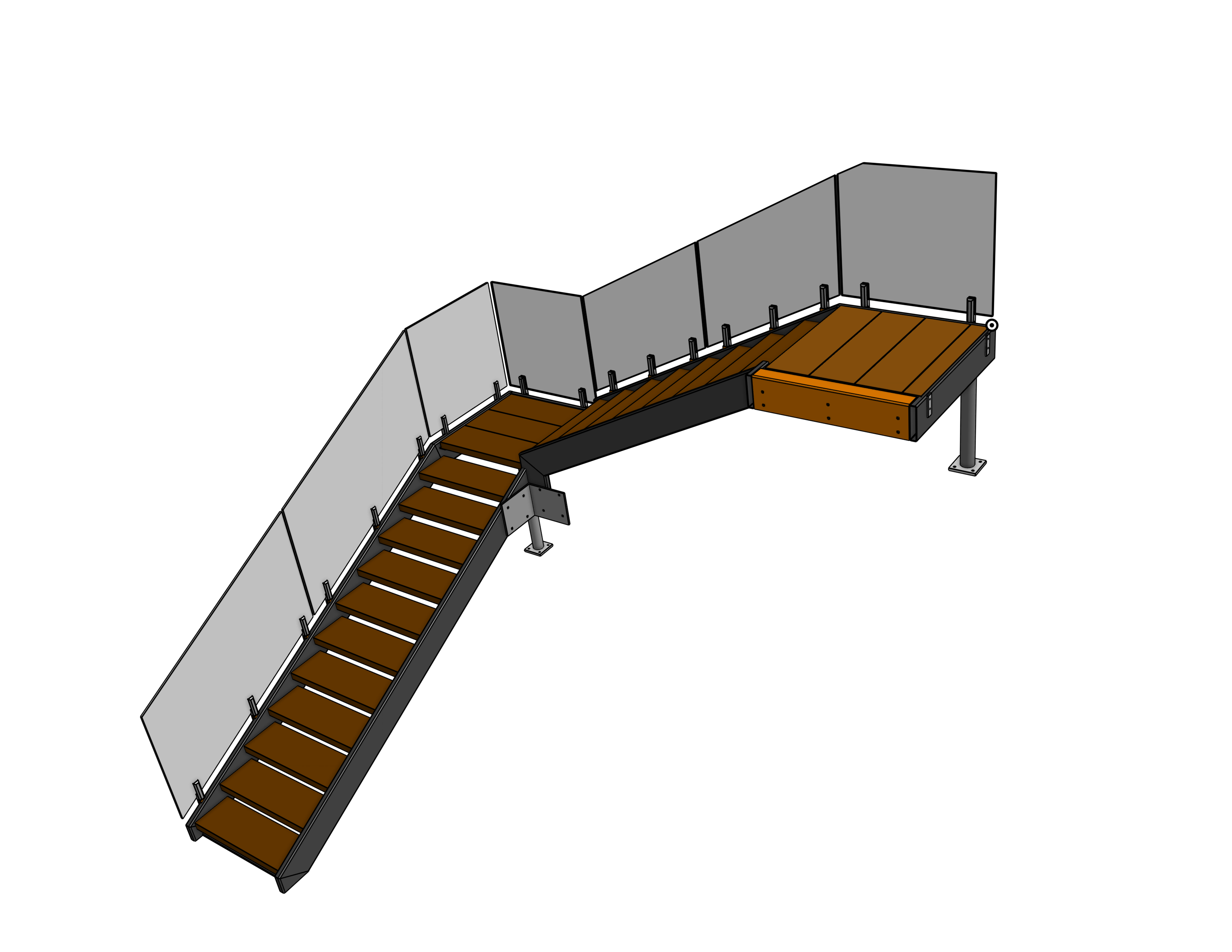 Glass railing and steel stair fire escape designed to wrap around back porch and attach to rock outcrop below