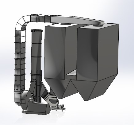 Industrial dust collector system using a fan downcomer Industrial dust collector system using a fan downcomer