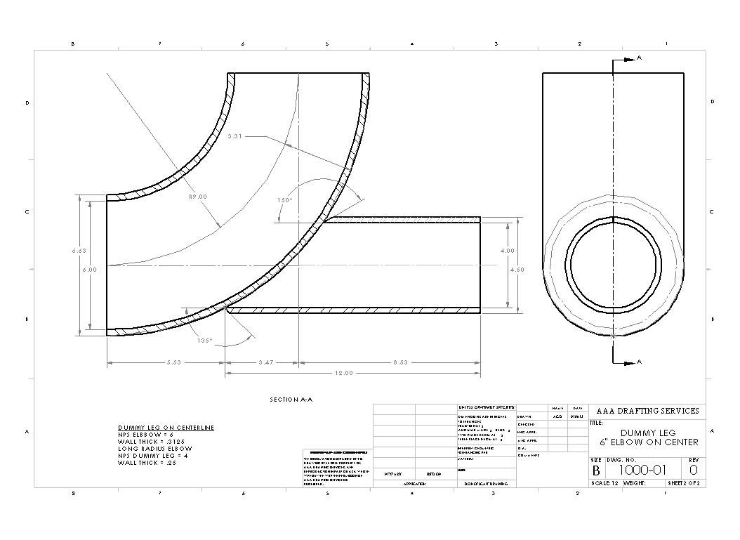 A typical dummy leg detail for a 6" long radius weld elbow on a 4" stanchion