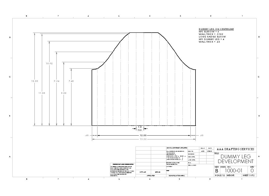 Dummy leg development drawing printed out to scale ready for cutting out and wrapping around the stanchion pipe to aid in welding